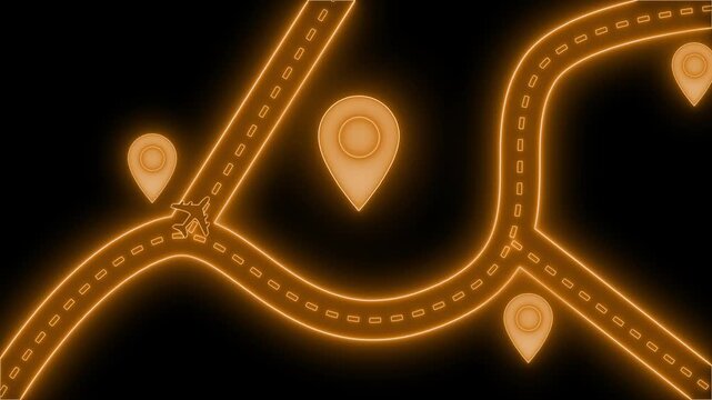 Neon map with glowing location pins animation on black background