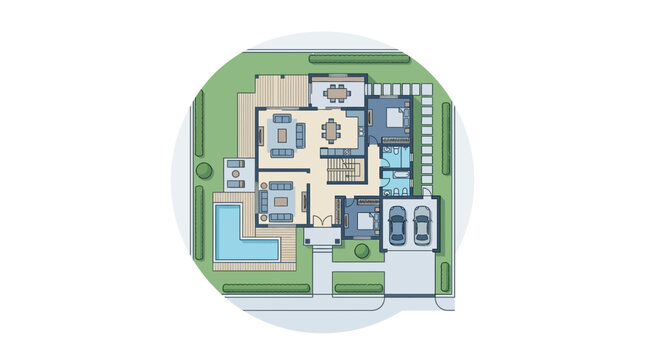 Detailed architectural floor plan of a modern house with swimming pool and garage.