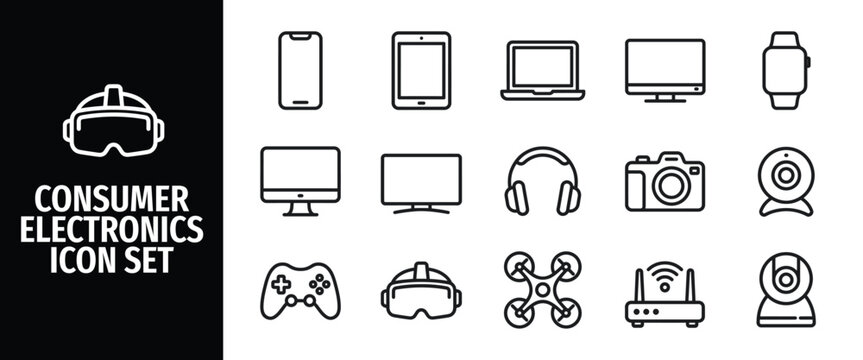 Set of consumer electronics icons, including smartphone, tablet, laptop, computer monitor, smartwatch, headphones, camera, webcam, game controller, vr headset, drone, and wifi router