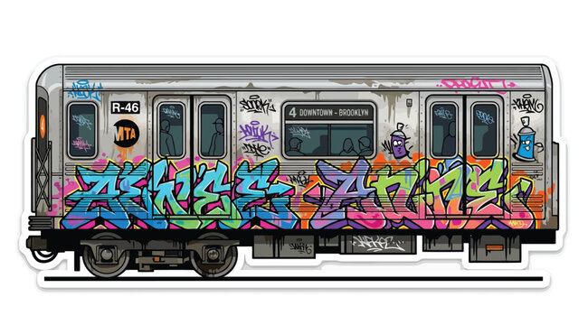 Graffiti covered new york city subway train car, urban street art style illustration