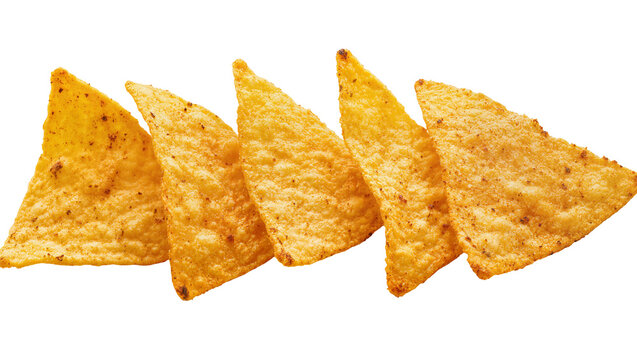 Isolated crunchy tasty seasoned corn tortilla nacho chips arranged in a horizontal row