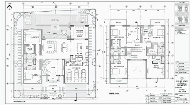 Architectural floor plan drawing of a luxury multilevel residential villa with detailed room layouts and dimensions