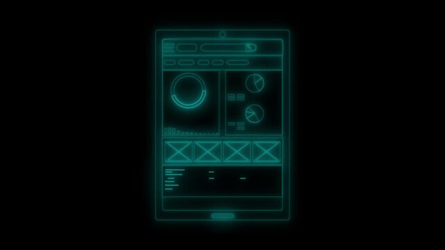 Neon tablet dashboard wireframe animation on black background