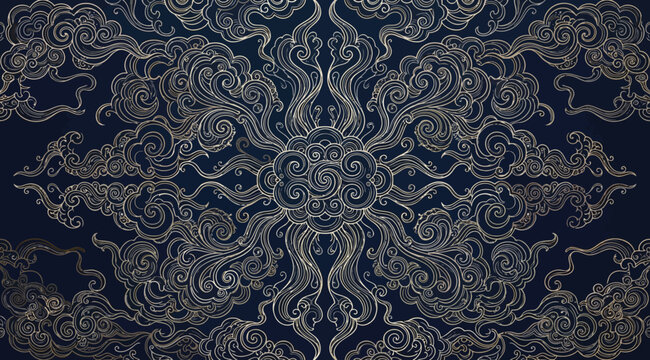Traditional chinese cloud pattern seamless background, intricate white line art on dark blue, elegant oriental decorative wallpaper design