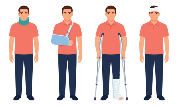 Injured men set with bandage neck brace arm sling and crutches