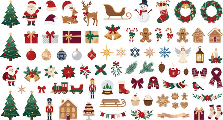 Naklejka premium Christmas Holiday Element Collection Set with Santa Claus Trees Gifts Wreaths Ornaments Snowflakes and Festive Winter Decorations