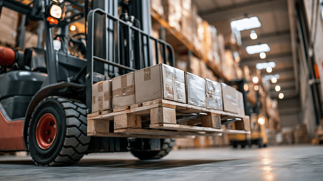 Forklift transporting cardboard boxes on a wooden pallet inside a large industrial warehouse during busy operations. Symbolizing efficient logistics. Shipping. Distribution