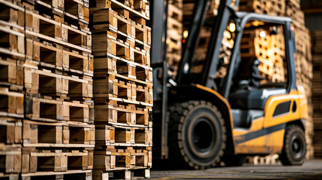 Forklift truck working in a large warehouse storing stacks of empty wooden pallets, symbolizing efficient logistics, shipping, and industrial cargo transportation operations