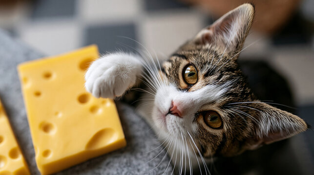 Curious kitten reaching out with a paw to playfully touch a block of swiss cheese, displaying natural animal curiosity and investigating a novel food item