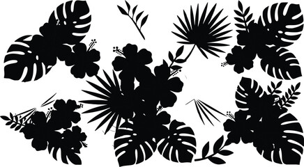 Fototapeta premium Tropical black silhouette leaves and flowers on transparent background.