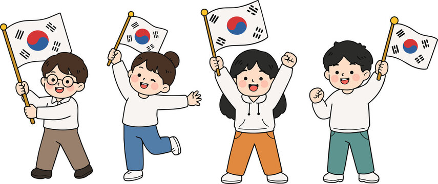 Cute chibi characters in modern clothes waving Korean flags for Gwangbokjeol celebration illustration