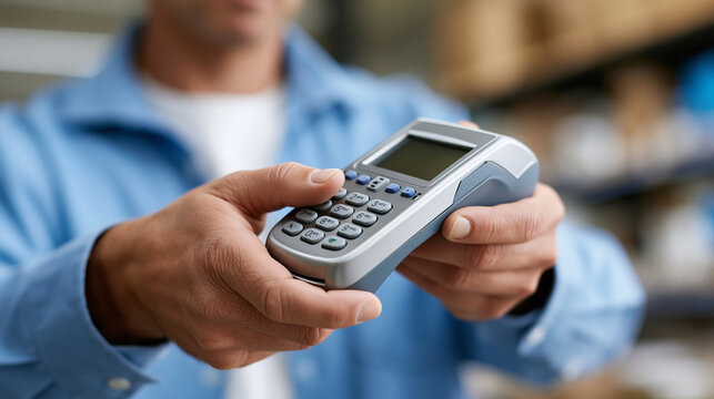 Retail employee or customer holding and operating a pos terminal, using a digital keypad for contactless payment via credit card or smartphone at a checkout counter