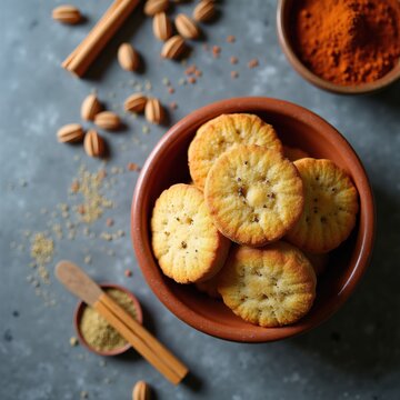 Round cumin spiced biscuits sit in a terra cotta bowl. Ingredients like cinnamon sticks, almonds, and ground spices surround the snacks. Top down view shows homemade baked goods ready to eat.