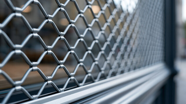 Metal security rolling shutter providing protection for a storefront, a textured pattern of the closed retractable grille creating a background with depth