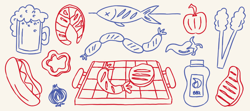 BBQ barbecue grill party outline doodle vector illustration set, red and blue line art meat steak, sausage, hot dog, beer, and fish sketch elements for picnic menu and summer event design