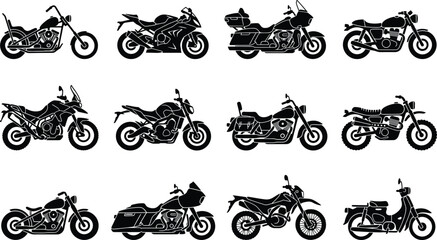 Motorcycle silhouette collection showing various bike types including cruiser, sport, touring, and off-road models for automotive design and transportation themes © Atikur