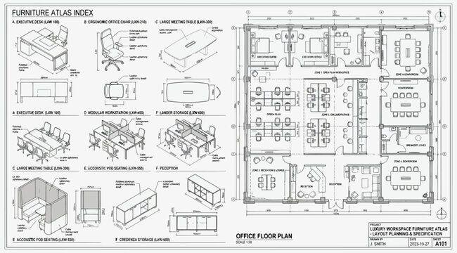 Architectural office floor plan with furniture index