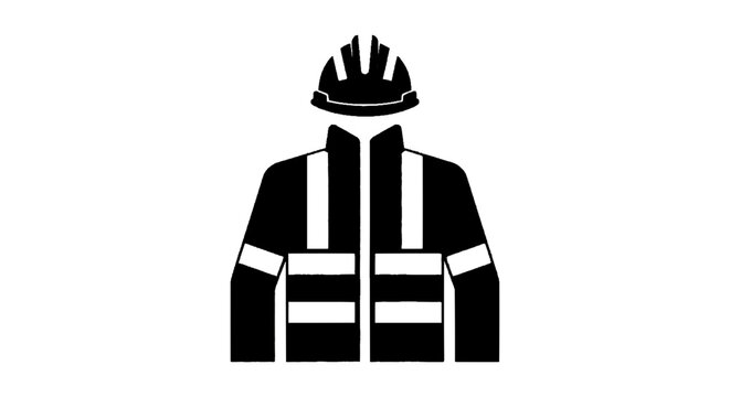 Minimal black silhouette icon, simple flat vector, bold black shape, no, no shading construction worker uniform icon with hard hat and high visibility jacket on a, flat icon style