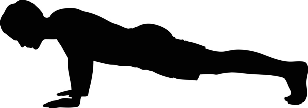 Black silhouette of a person in a push-up position on a white background, illustrating an active and strong fitness pose