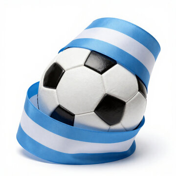 Soccer Ball Floating With Waving Argentina Flag Colors Silk Ribbons, Football Concept