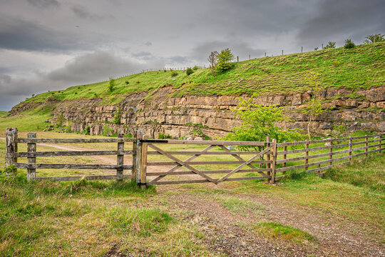 Entrance to Greenleighton Quarry, a disused Limestone Quarry now a Nature Reserve and is a Protected Area and SSSI in Northumberland, England, near Rothley