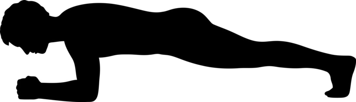 Black silhouette of a person performing a forearm plank exercise on a white background, demonstrating core strength