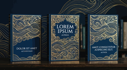 Three elegant hardcover books with gold floral line art on deep blue background © Saharia