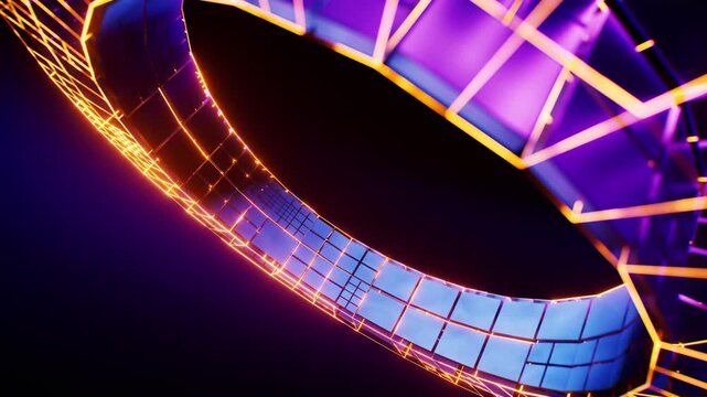 Neon technological ring with cube board structure, 3d rendering.