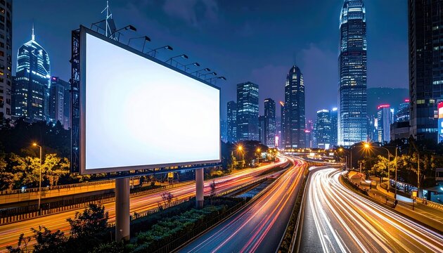 Billboard on freeway at night with blurred car lights and city skyscrapers in background