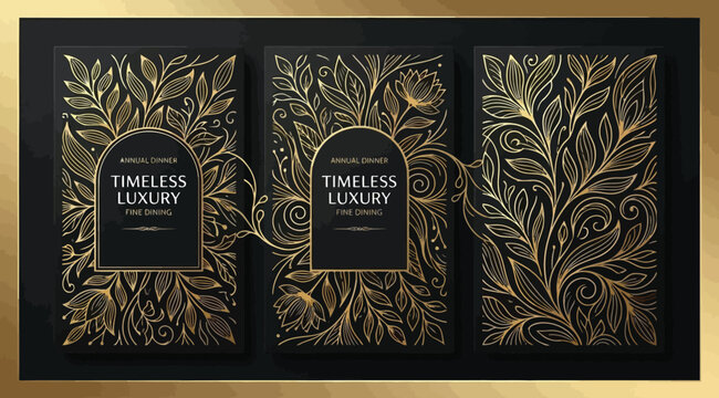 Luxury black and gold book cover set with intricate botanical floral patterns