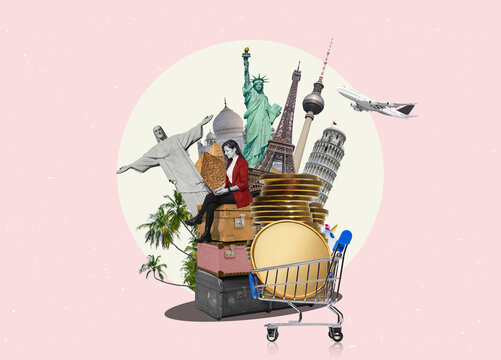 A happy woman with lapetop searches for travel online. Large selection of travel destinations. Travel agency concept. Flat design art posters.