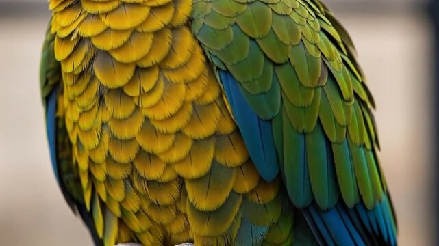 Close-up of a colorful macaw parrot's vibrant yellow, green, and blue feathers.