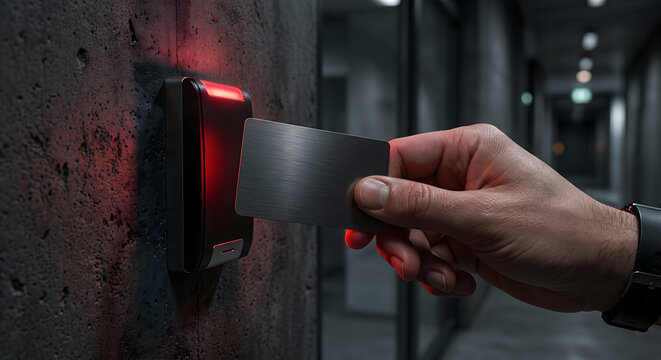 Hand swiping metallic proximity key card over glowing red security reader on concrete wall in dark office corridor.
