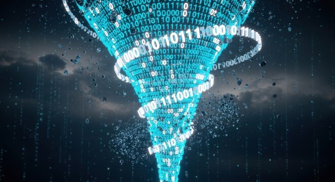 Digital tornado binary code data particles against dark cloudy sky