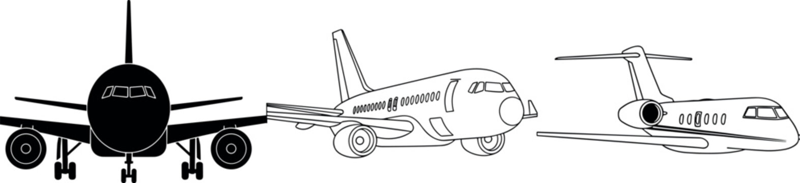 Airplane silhouette front view and commercial passenger plane outline vector illustration set isolated on a white background