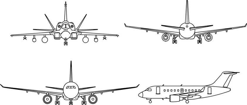 Military fighter jet front view and commercial passenger airplane technical outline vector drawing blueprint collection isolated on white