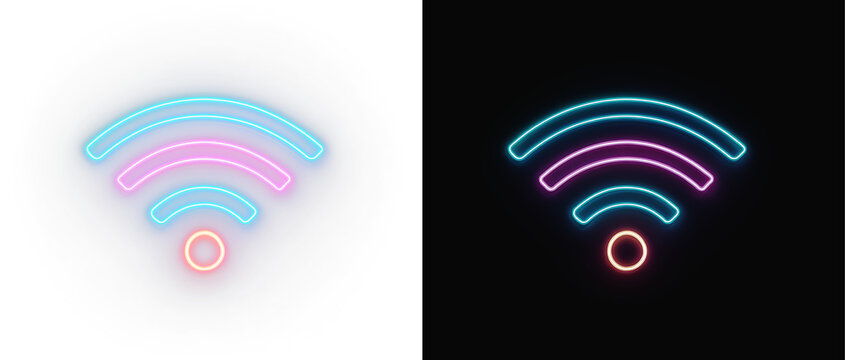 Abstract neon wifi icon on white and black background, futuristic glowing wireless internet signal design element