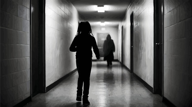 Silhouette of a person walking down a dark moody school hallway corridor cinematic monochrome background