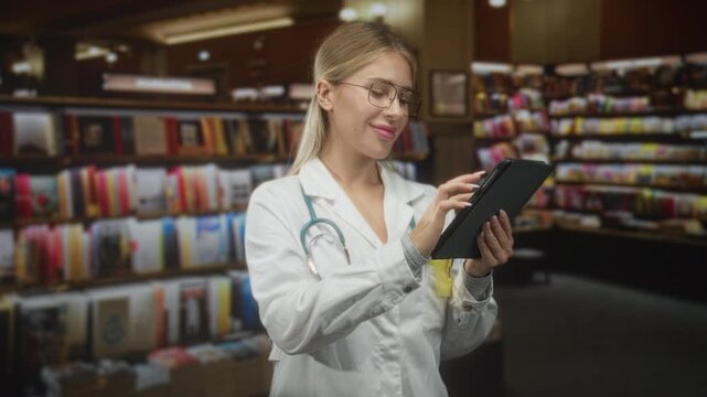 Woman doctor wearing white coat and stethoscope touches tablet with bare hands in a bookstore building; concentration care.