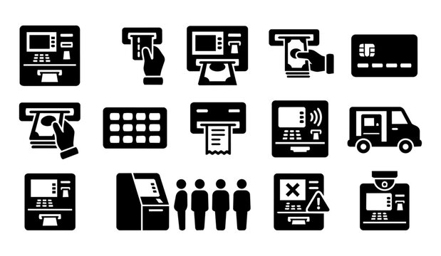 ATM and Cash Withdrawal Silhouette Icon Set - Banking Machines Cards and Financial Services