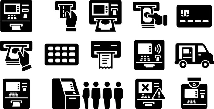 ATM and Cash Withdrawal Silhouette Icon Set - Banking Machines Cards and Financial Services
