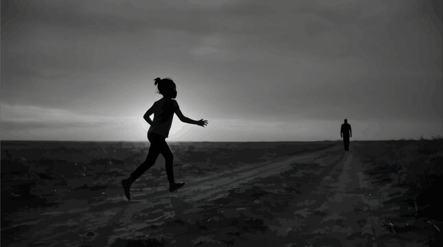 Dynamic silhouette of a girl running alone across an empty dirt road field under a dark moody monochrome sky