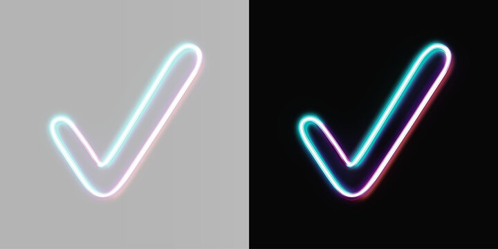 Abstract neon check mark icon on black and grey background, glowing gradient tick success design element