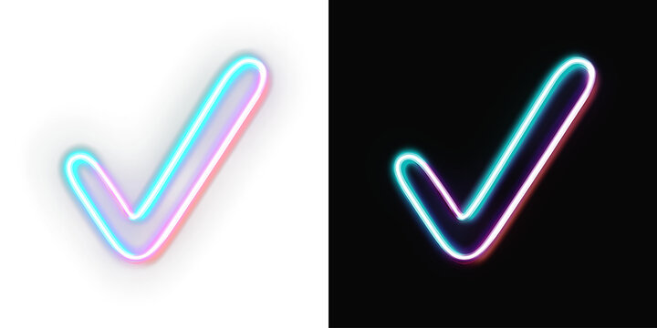 Abstract neon check mark icon on black and white background, glowing gradient tick success design element