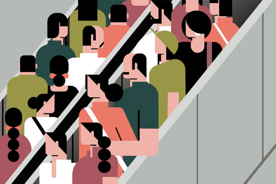Crowd of diverse people riding escalators in a busy urban transit hub, symbolizing daily commuting, city life, movement, and modern public transportation