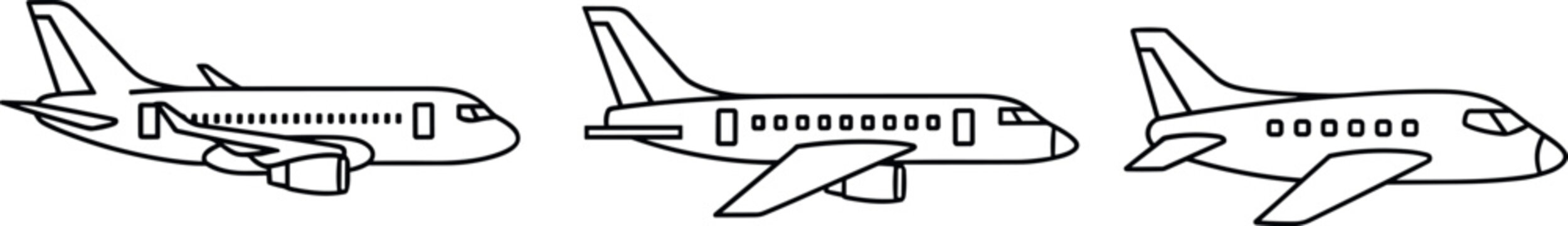 Commercial passenger airplane and small private jet vector outline set illustration for travel aviation design,
