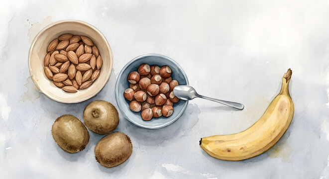 Top down view of healthy snacks including almonds hazelnuts kiwi and banana