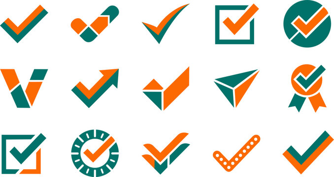 Check mark icon set checkmark vector collection geometric ticks correct choice symbol business success approve sign right option validation test exam corporate colors isolated branding elements