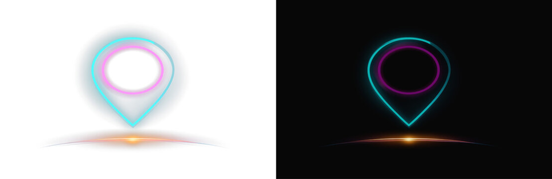 Neon map pointer icon on black and white background, futuristic glowing pin location design element