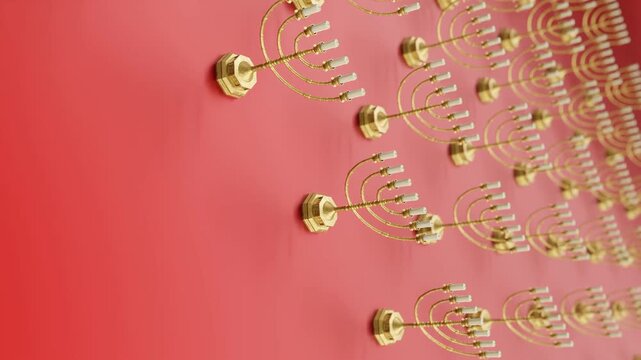 Abstract background featuring multiple golden menorahs arranged in a repeating pattern on red wall.